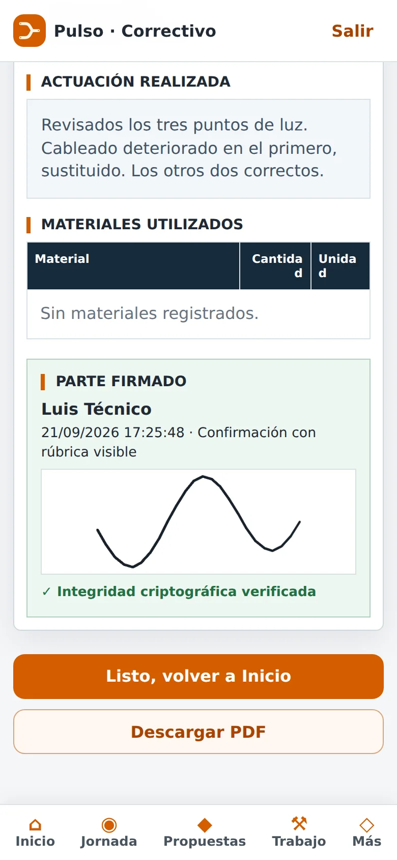 Actuación realizada y firma del parte en Correctivo, con datos de demostración